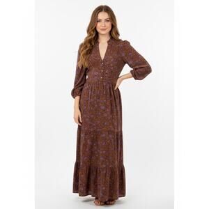 J Jill Maxi Dress XL Boho Paisley Floral Cottage Lagenlook Brown Puff Sleeve